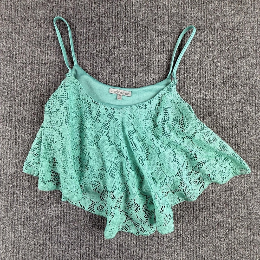 Y2K Charlotte Russe Tank Top Womens Medium Green Lace Crochet Asymmetrical Hem